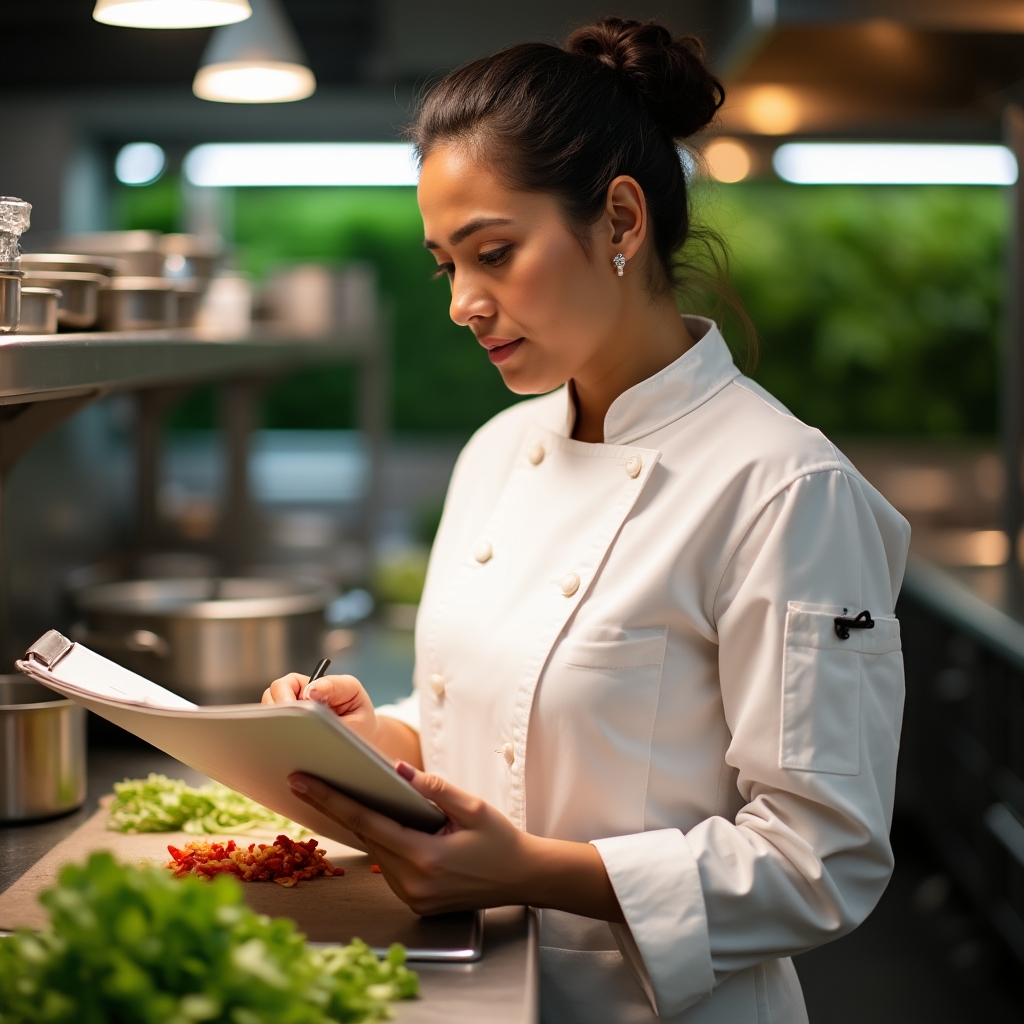 Köchin analysiert Zutaten und Abfallmengen in einer professionellen Restaurantküche