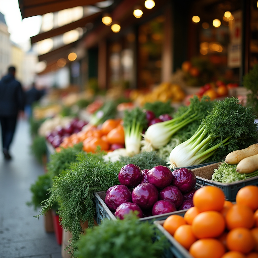 Frische saisonale Gemüse und Kräuter auf einem Wiener Markt